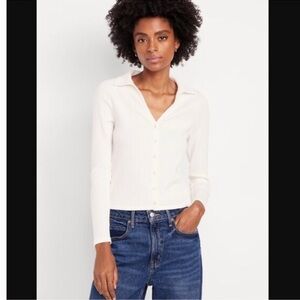 Old Navy Slim Ribbed Button Down Top in Sea Salt Cream